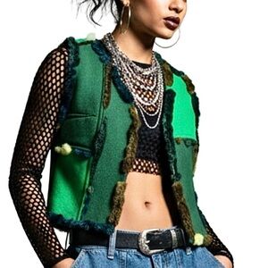 Staying Alive recycled fibres green faux fur patchwork open front cropped vest